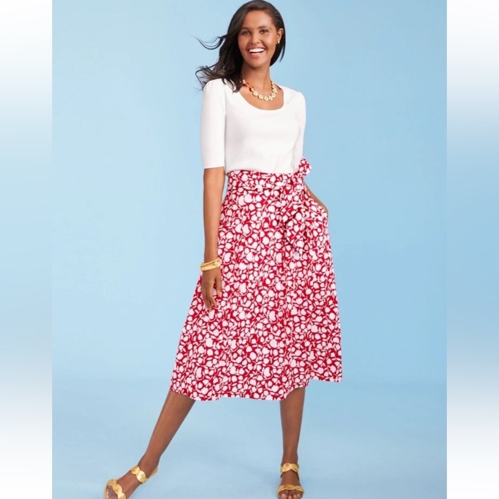 Talbots Pleated RED/WHITE Floral Tulip 100% Cotton Midi Skirt Tie Belt Lined